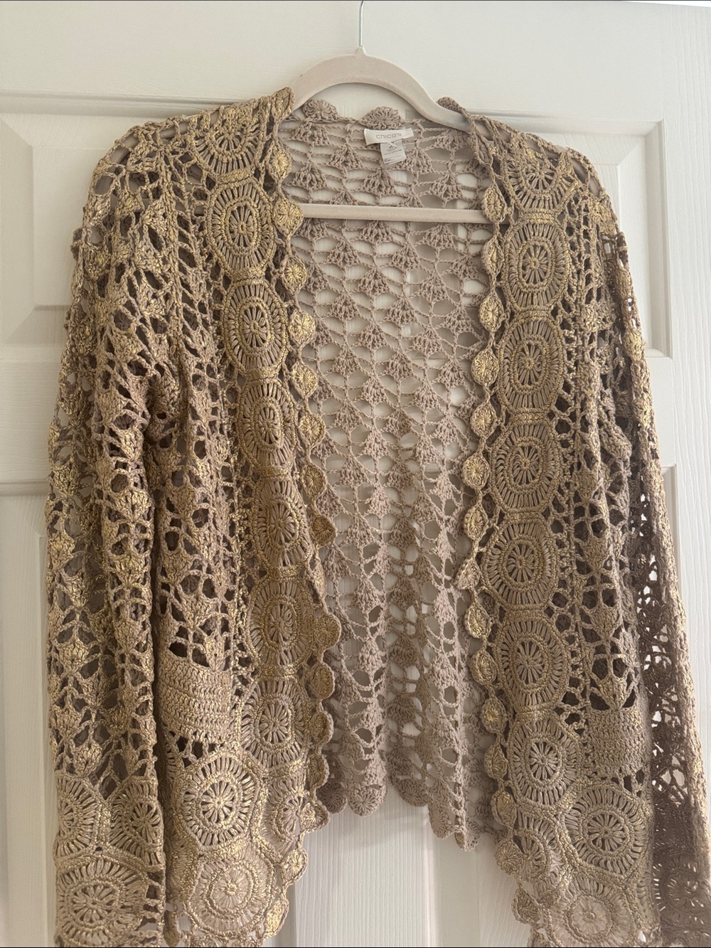 Chico's Taupe Crochet Cardigan with Gold Threads
